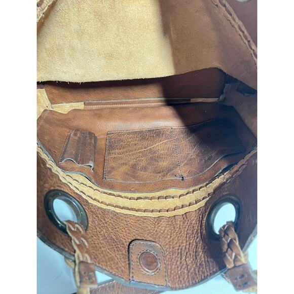 Buffalo Jackson Brown Distressed Weathered Leather Braided Strap Tote Bag Purse - Picture 6 of 7
